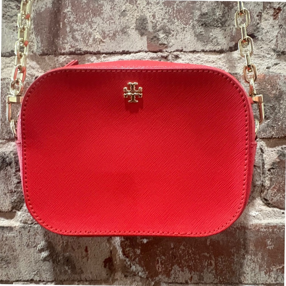 Tory Burch Emerson Red Saffiano Leather Camera Crossbody Bag Gold Chain Strap - Picture 1 of 6